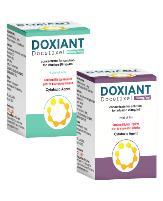 Doxiant (Docetaxel) product packs in 80mg/4mL and 20mg/mL strengths